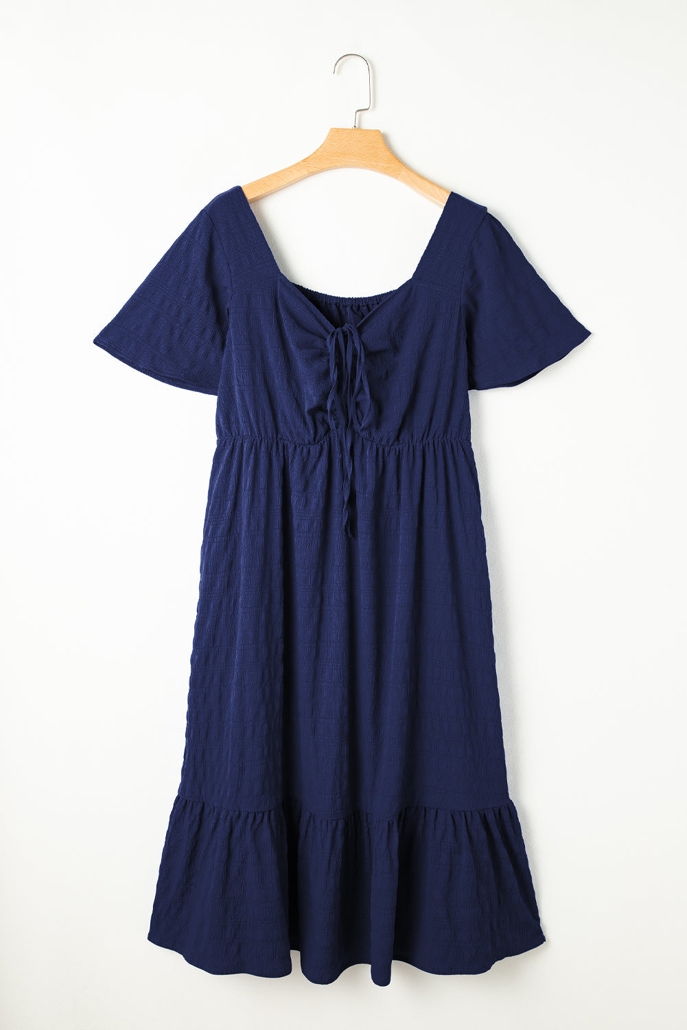 Lace-Up Sweetheart Midi Dress in Navy | Short Sleeve A-Line