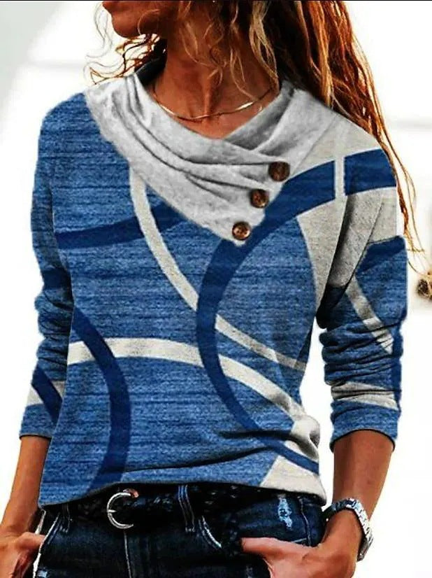 Women's Blue Grey Patchwork Long Sleeve Button Detail Top