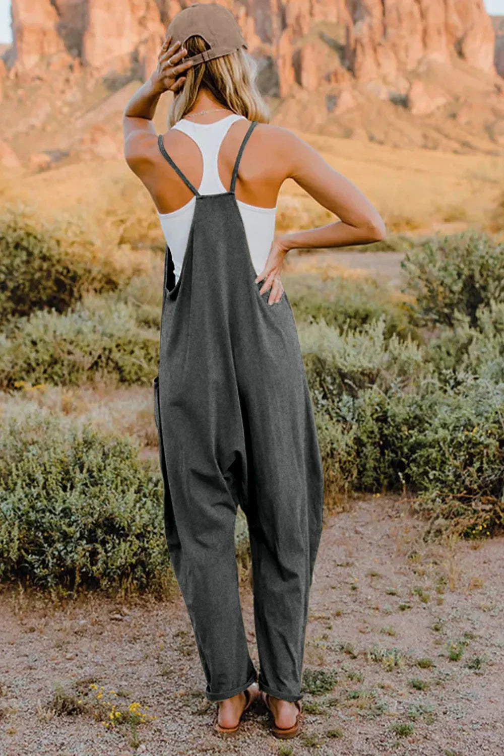 V-Neck Sleeveless Jumpsuit with Pockets - Lightweight Casual Fit