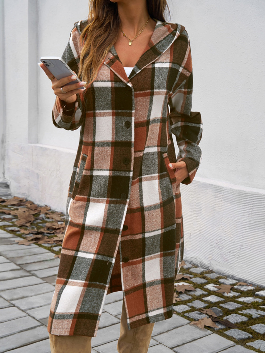 Women's Plaid Long Sleeve Hooded Coat in Brown and Green - Image 6