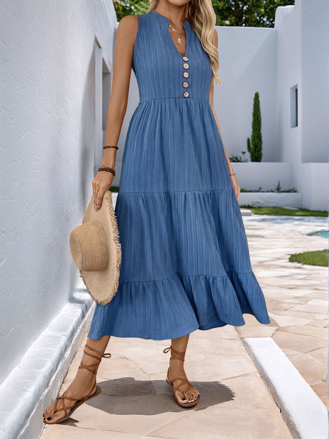 Dusty Blue Sleeveless Notched Button Dress Minimalist Style