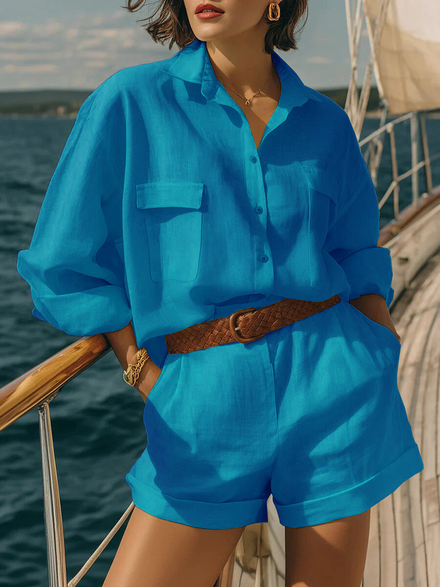 Women's Loose Fit Button Down Shirt and Shorts Casual Set - Image 5