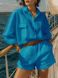 Women's Loose Fit Button Down Shirt and Shorts Casual Set - Image 5