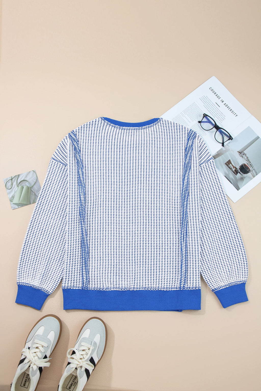 Waffle Knit Exposed Seam Side Slit Long Sleeve Top