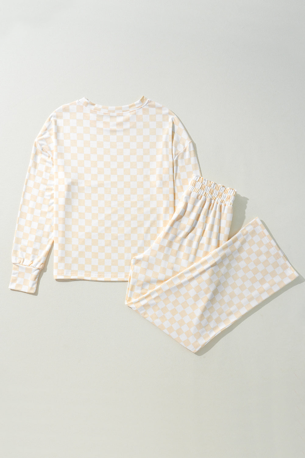 Women’s Checker Long Sleeve Lounge Set in Cream and Pale Yellow