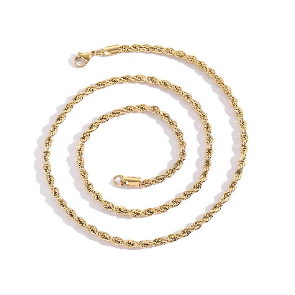 Unisex Gold Stainless Steel Rope Chain Necklace and Bracelet Set