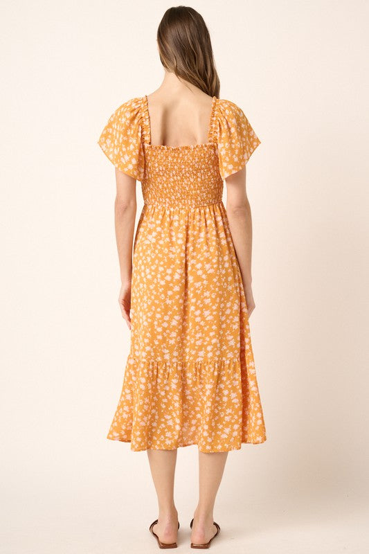 Flower Print Flutter Sleeve Smocked Midi Dress