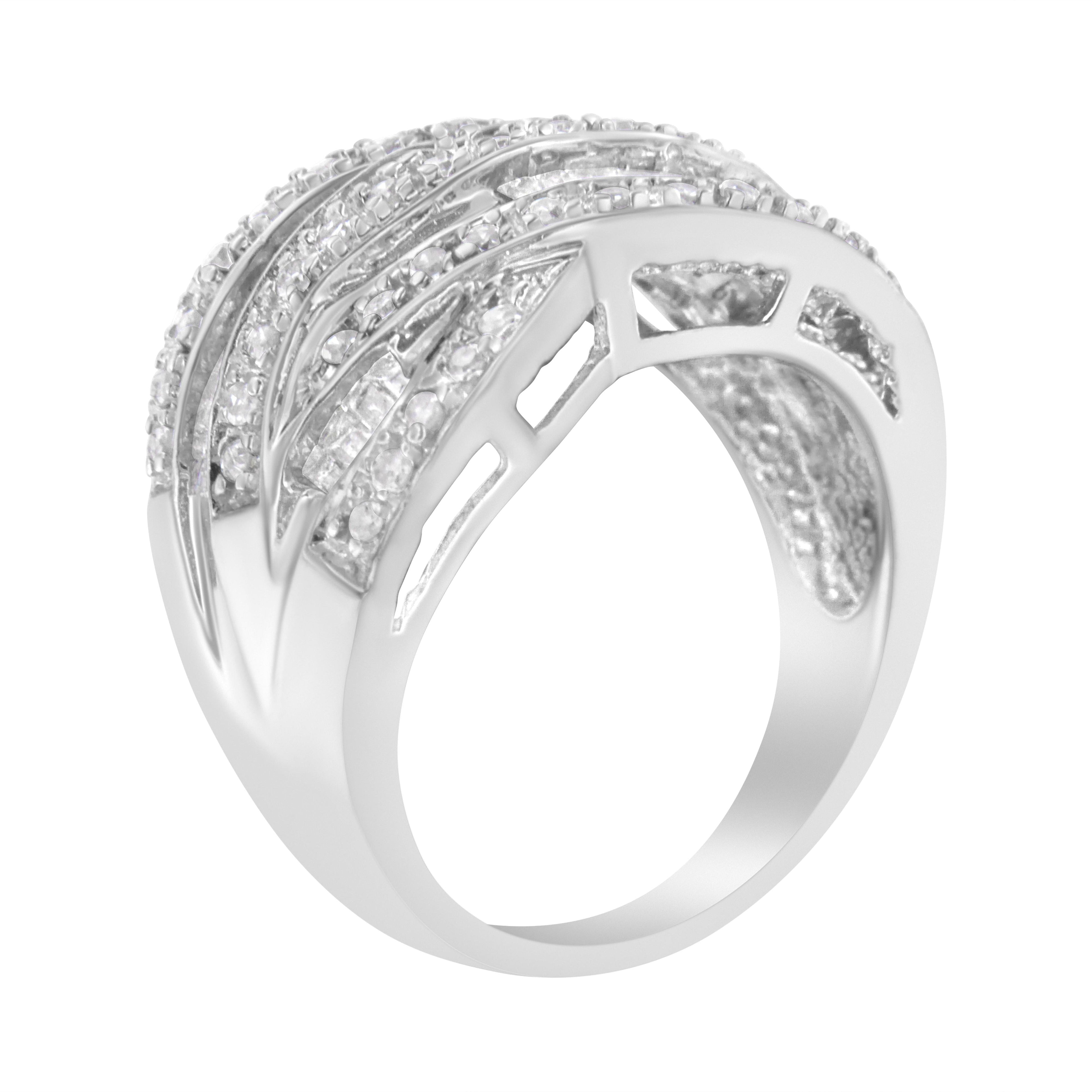 .925 Sterling Silver 1.0 Cttw Channel Set Alternating Round and Baguette Diamond Cross-over Bypass Ring Band (I-J Color, I2-I3 Clarity) - Size 7