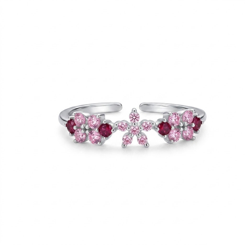 Pink Zircon Flower Open-Ring, Adjustable Gold Plated Statement Ring