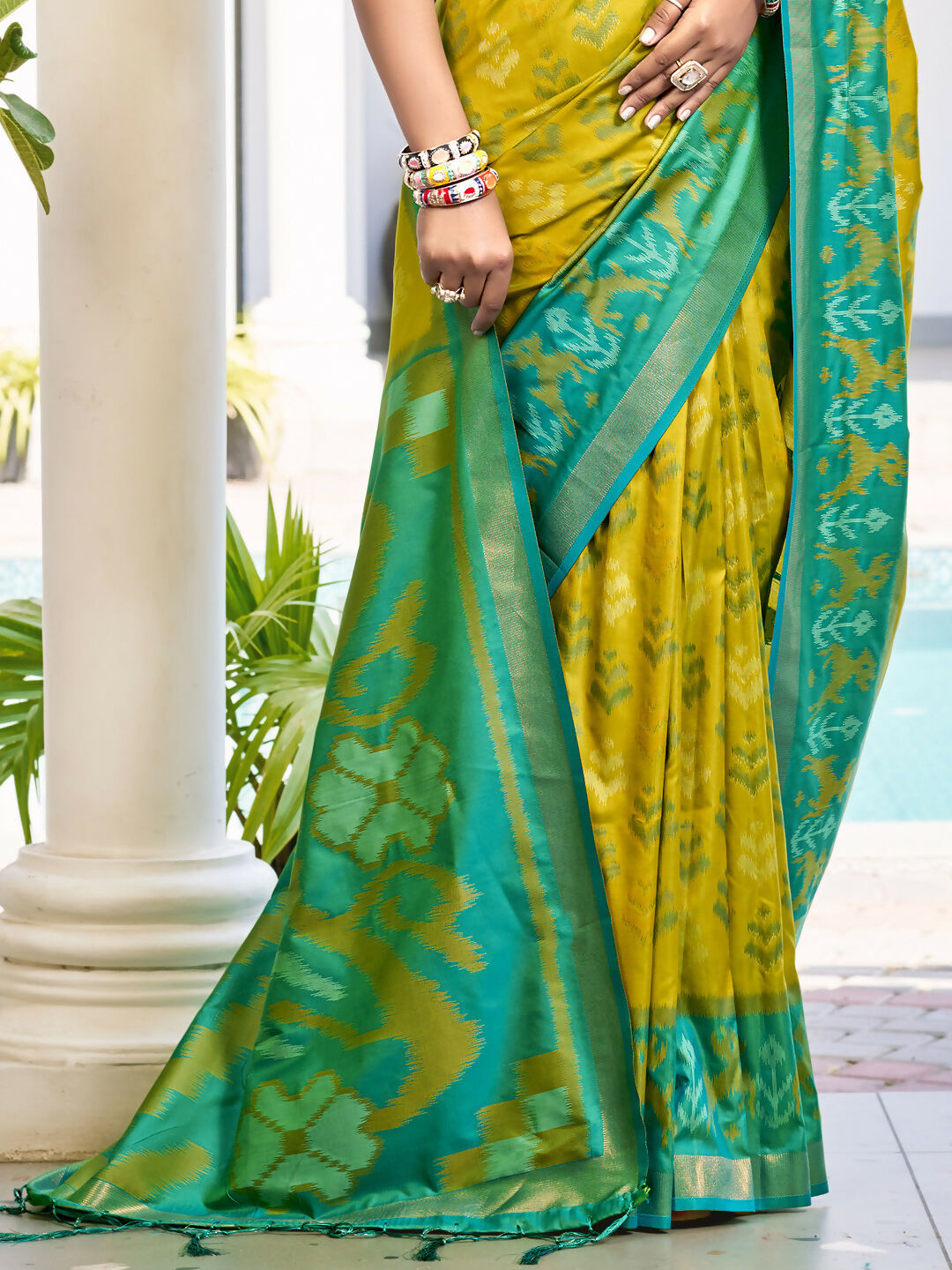 Shree Shyam Fashion Pochampalli Silk Mustrad Yellow Saree