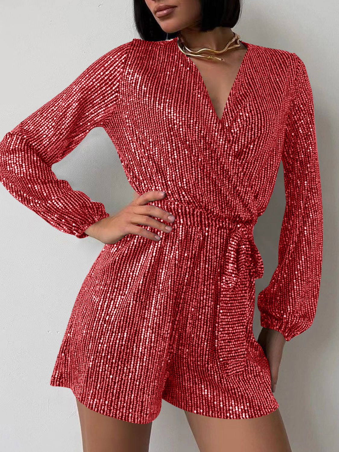 Sequin Surplice Tie Waist Long Sleeve Mini Romper
