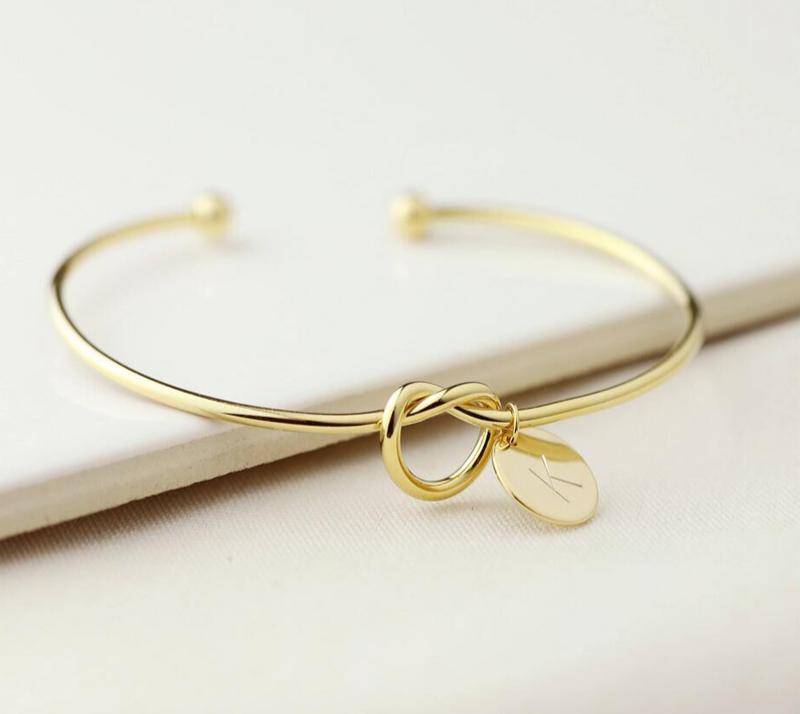 Personalized Initial Knot Bangle Bracelet with Heart Charm