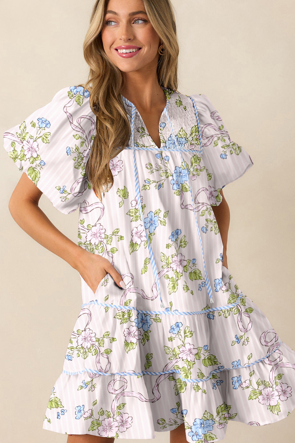 Pink Floral Striped Print Contrast Trim Tie Split Neck Mini Dress