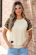 Keily loose-fit tee in cream with leopard print contrast sleeves and rolled cuffs.