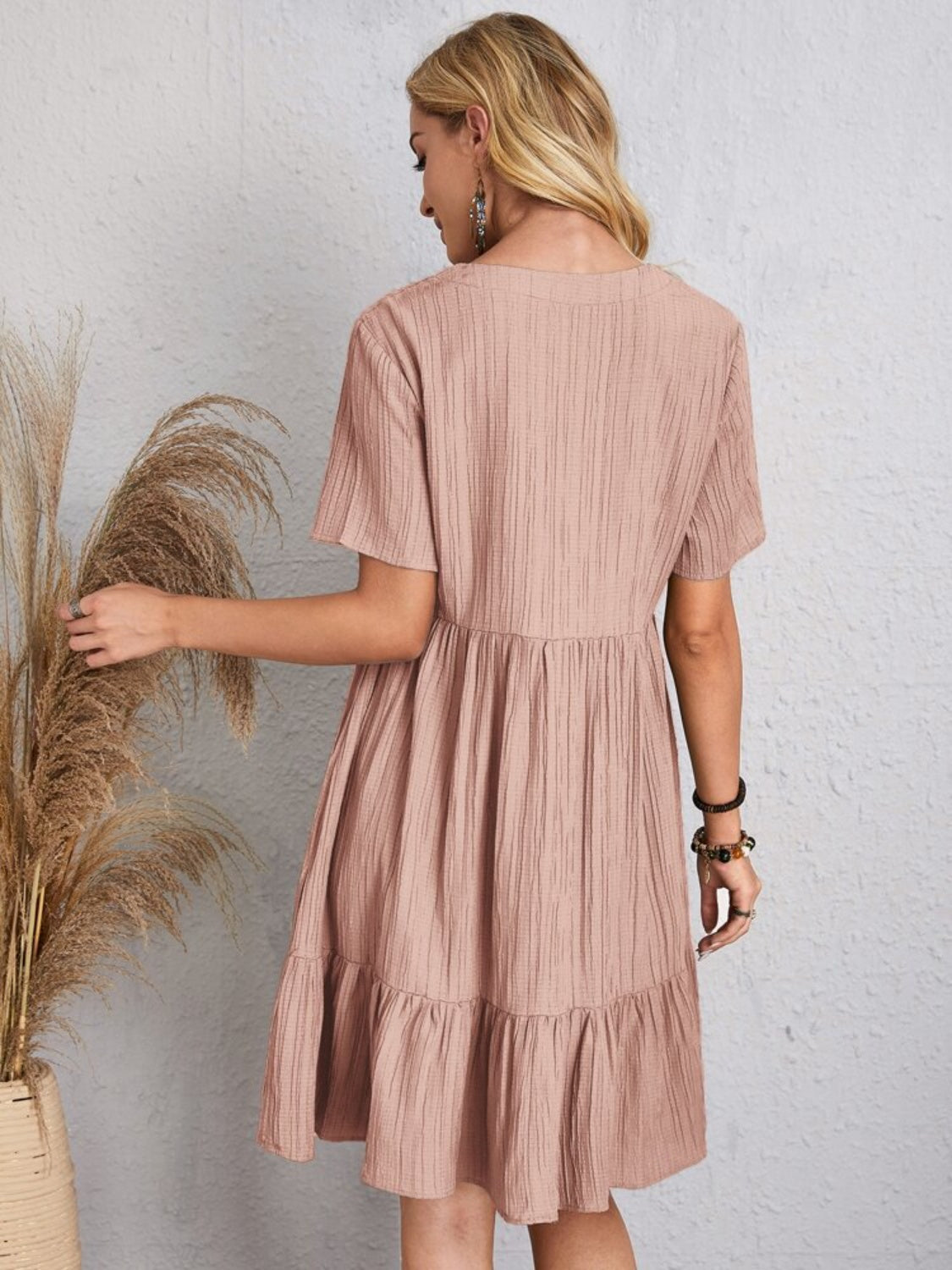 Classic V-Neck Short Sleeve Casual Midi Dress