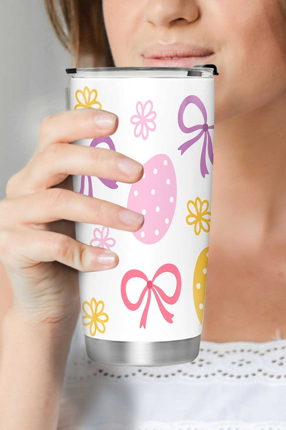 White Easter Egg Bow Flower Printed Insulated Stainless Steel Thermal Cup