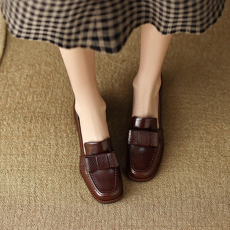 Women Brown Square Toe Chunky Heel Pumps with Decorative Bow - Image 2