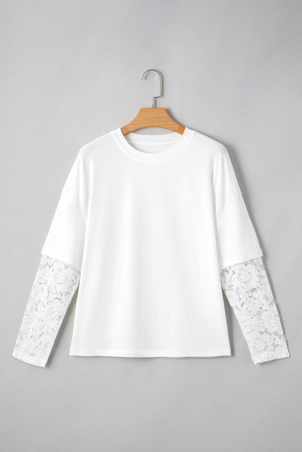 Women's Long Sleeve Drop Shoulder Tee with Romantic Lace Inserts