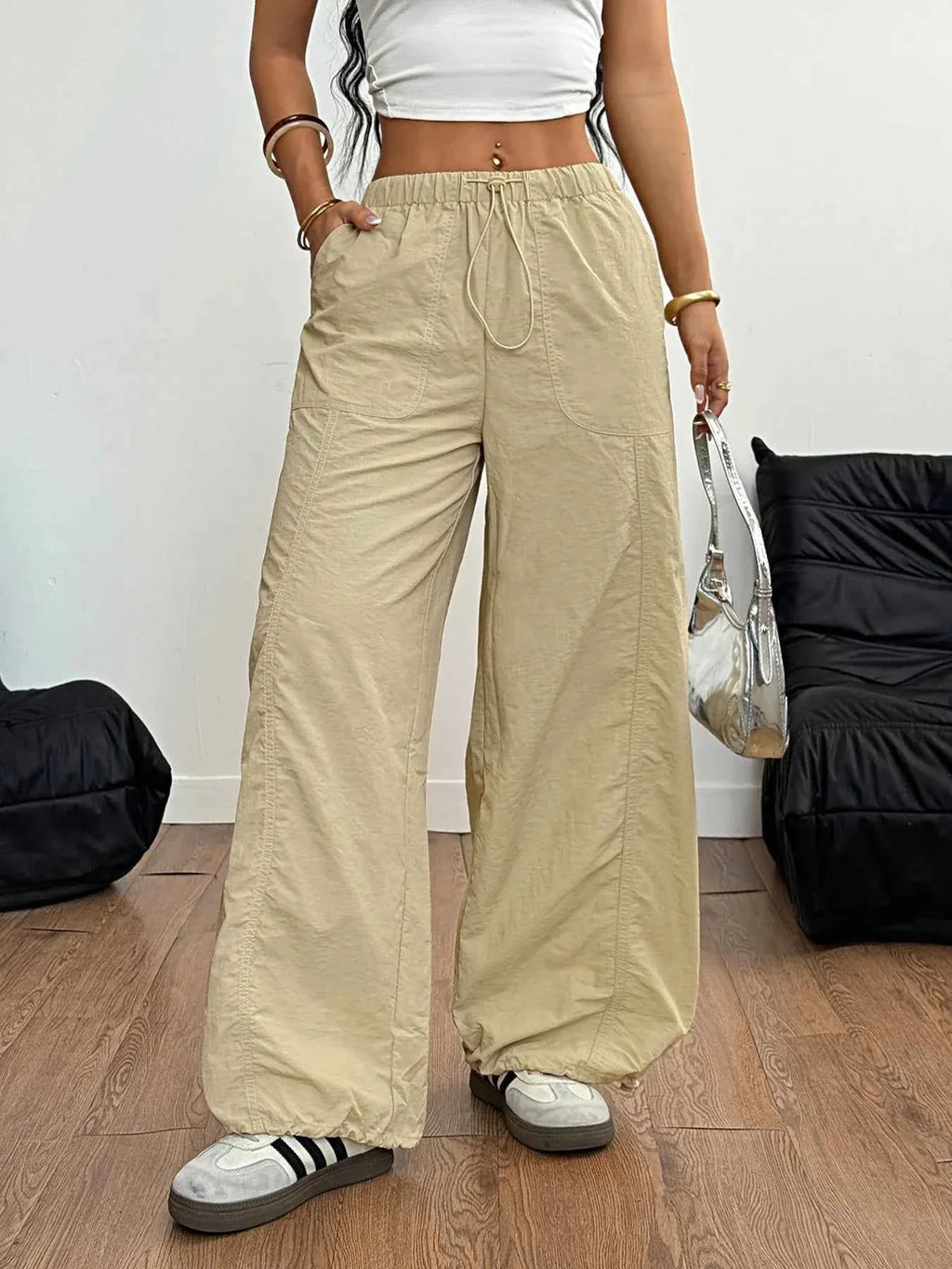 Drawstring Wide Leg Cargo Pants