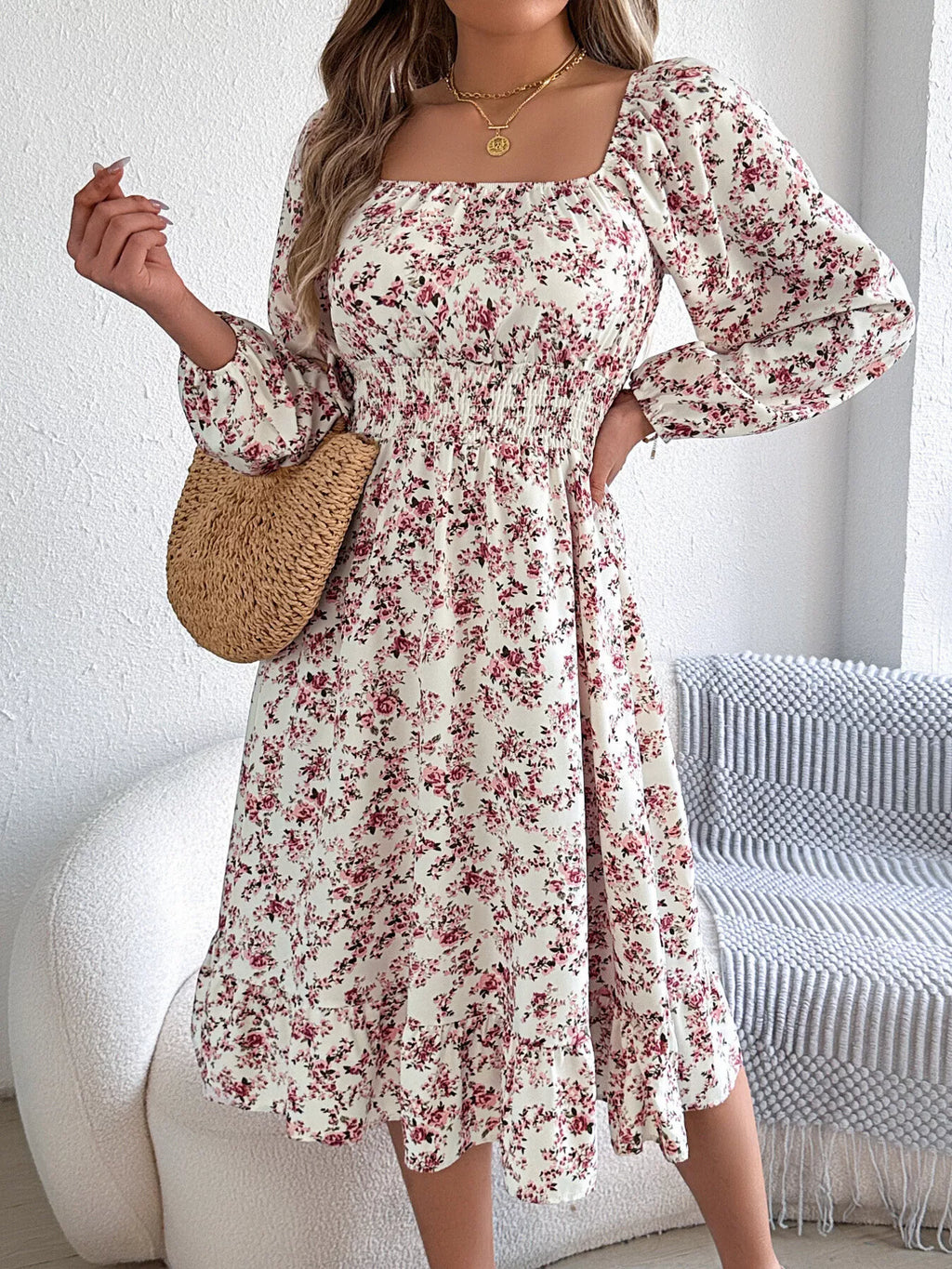 Floral Print Long Sleeve Square Neck Midi Dress