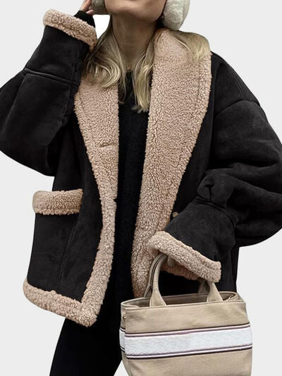 Women’s Fuzzy Collared Long Sleeve Jacket with Button Closure