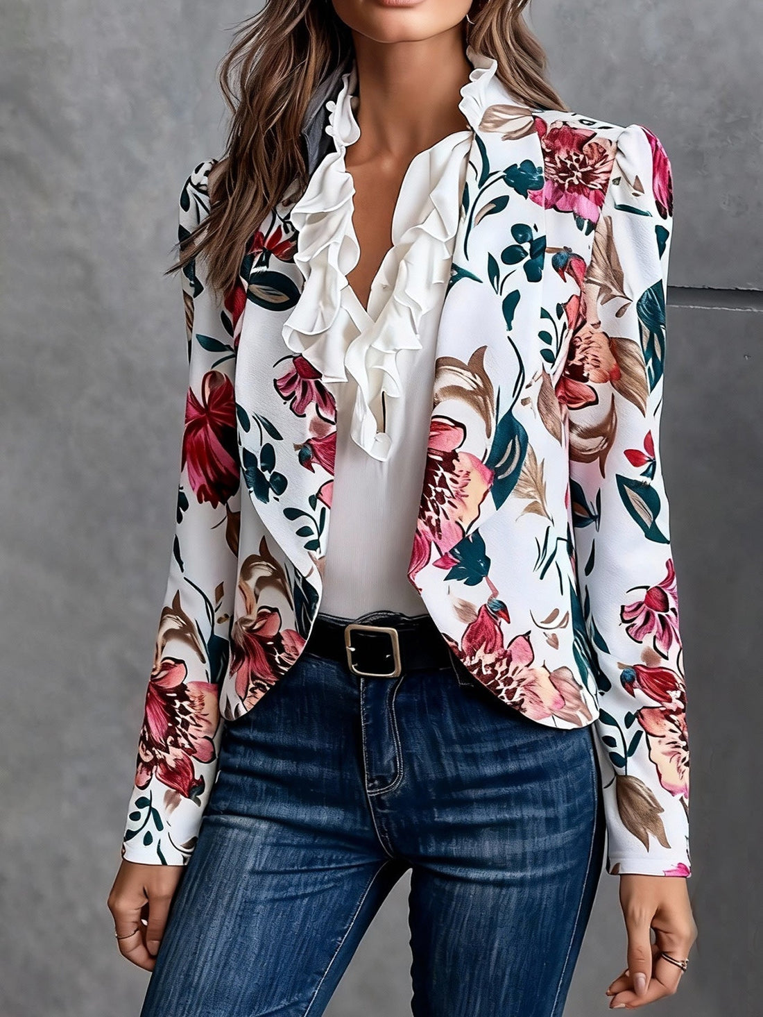 Women Floral Print Ruffle Trim Open Front Casual Blazer Jacket - Image 6