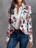 Women Floral Print Ruffle Trim Open Front Casual Blazer Jacket - Image 6