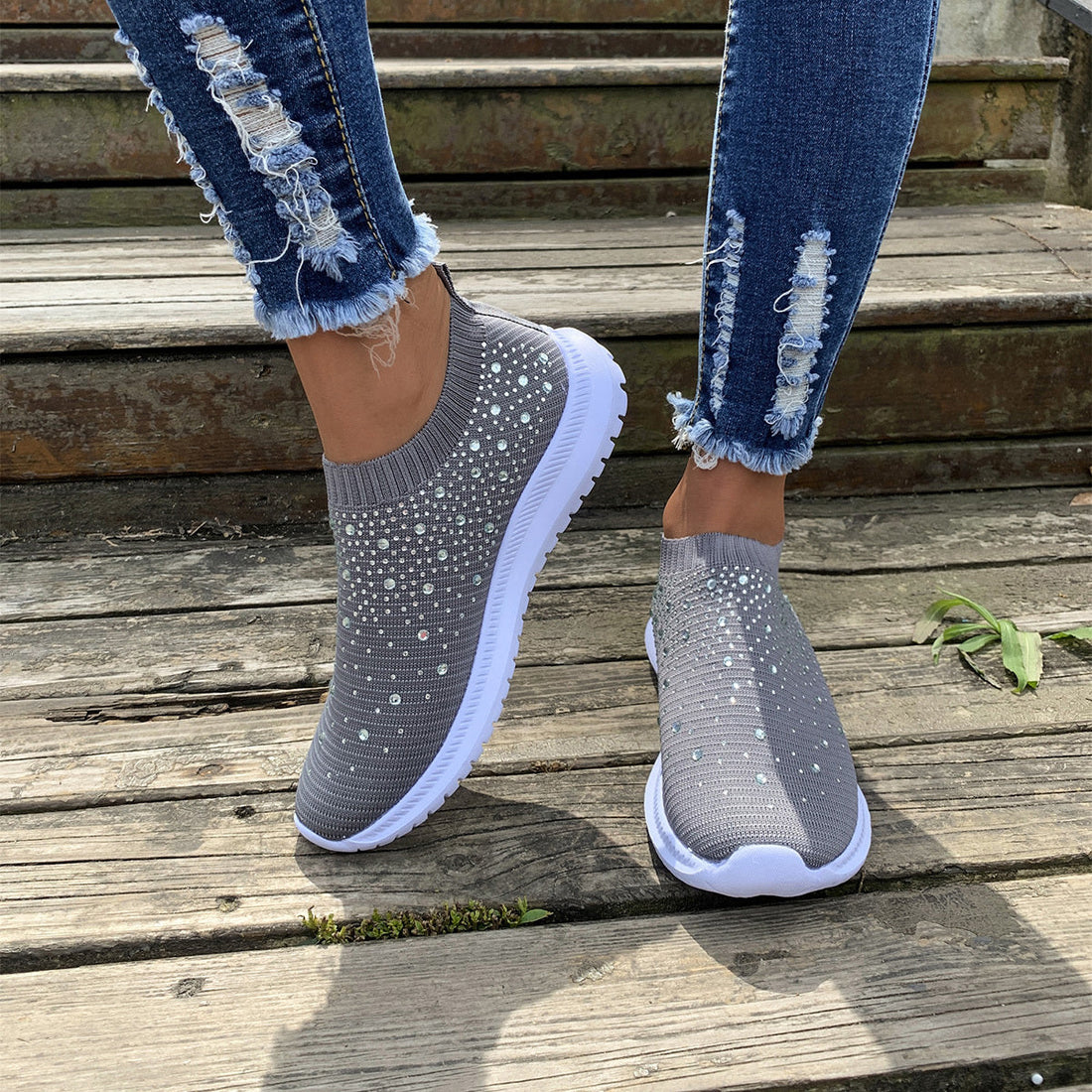 Women's Rhinestone Rainbow Color Block Breathable Mesh Sneakers - Image 41