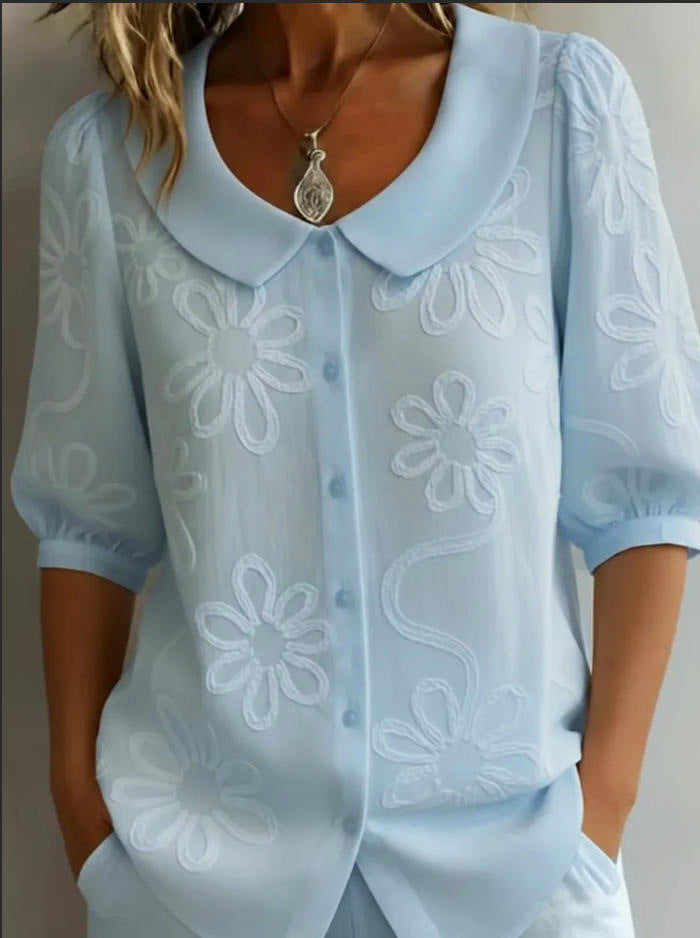 Women's Loose-Fit Retro 3D Embroidered Floral Buttoned Casual Top - Image 7