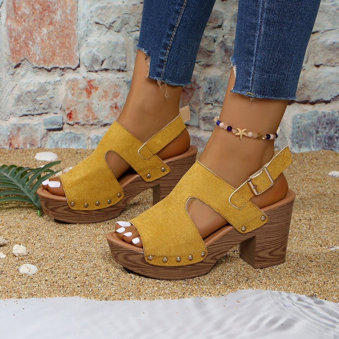 Women's Peep-Toe Chunky Heel Buckle Sandals Bohemian Chic