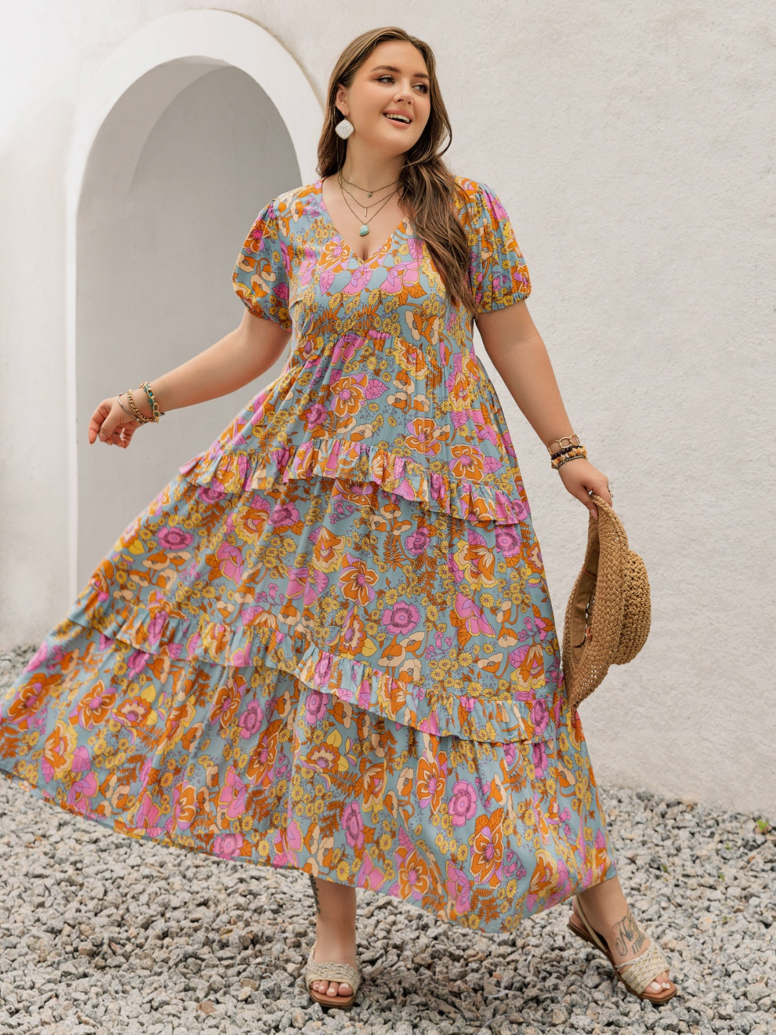 Floral V-Neck Maxi Dress - Flowy Ruffled Short Sleeve Summer Dress