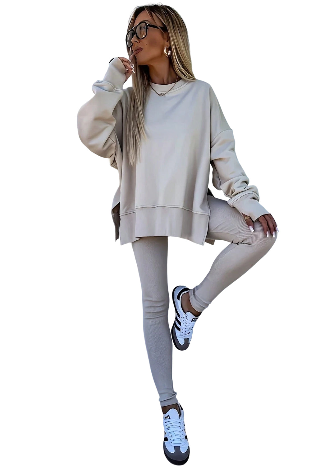Jet Stream Oversize Slit Sweatshirt & Ribbed Leggings Set