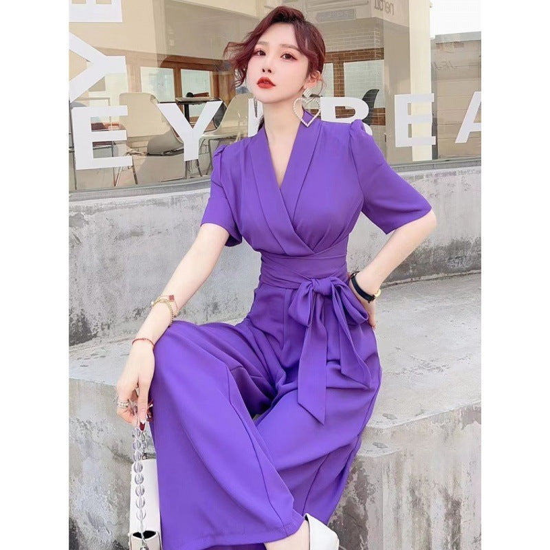 Elegant Wide Leg Jumpsuit - High Waist Slimming Tie-Front V-Neck