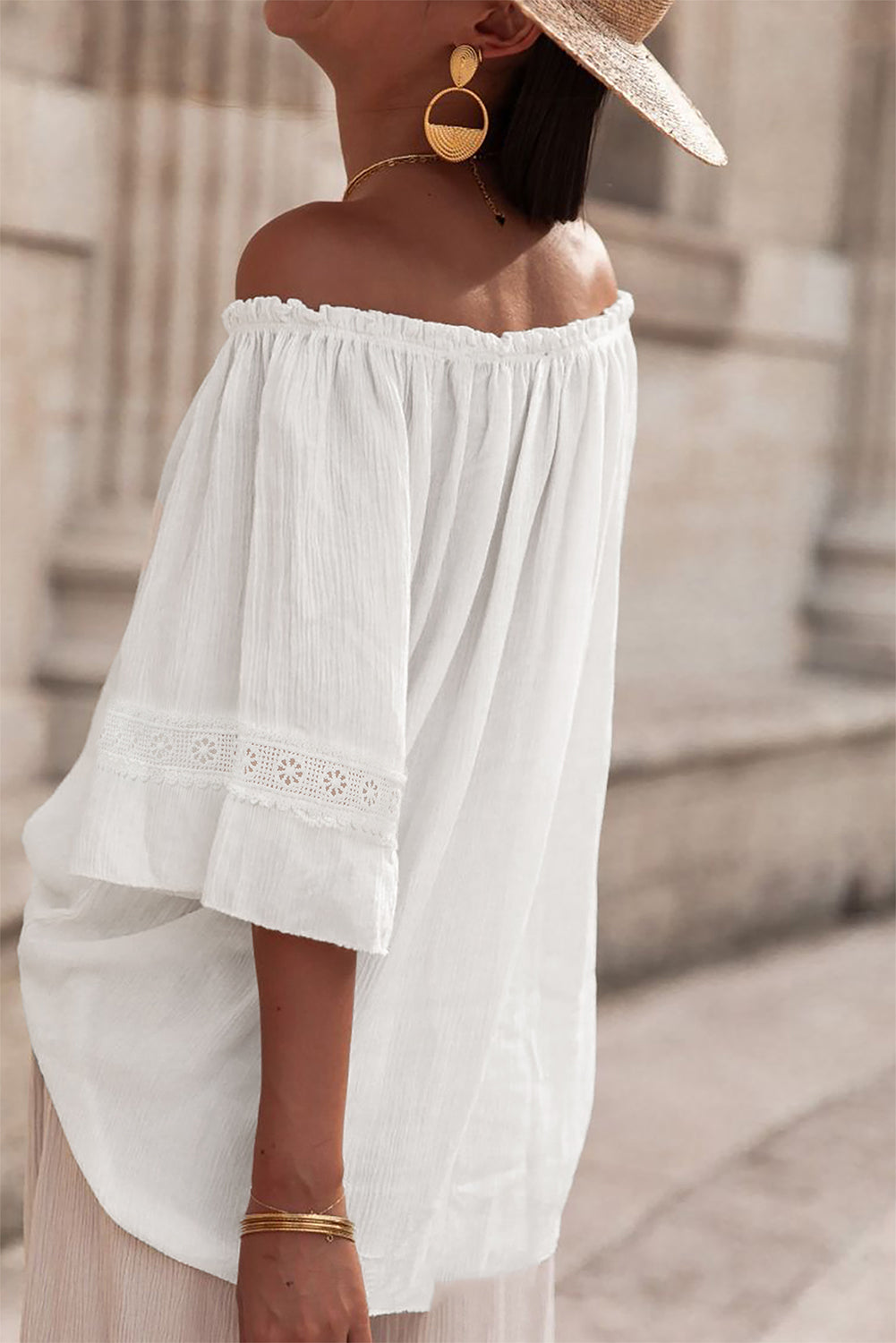 White Frilly Off-Shoulder Lace Blouse with Textured Sleeves
