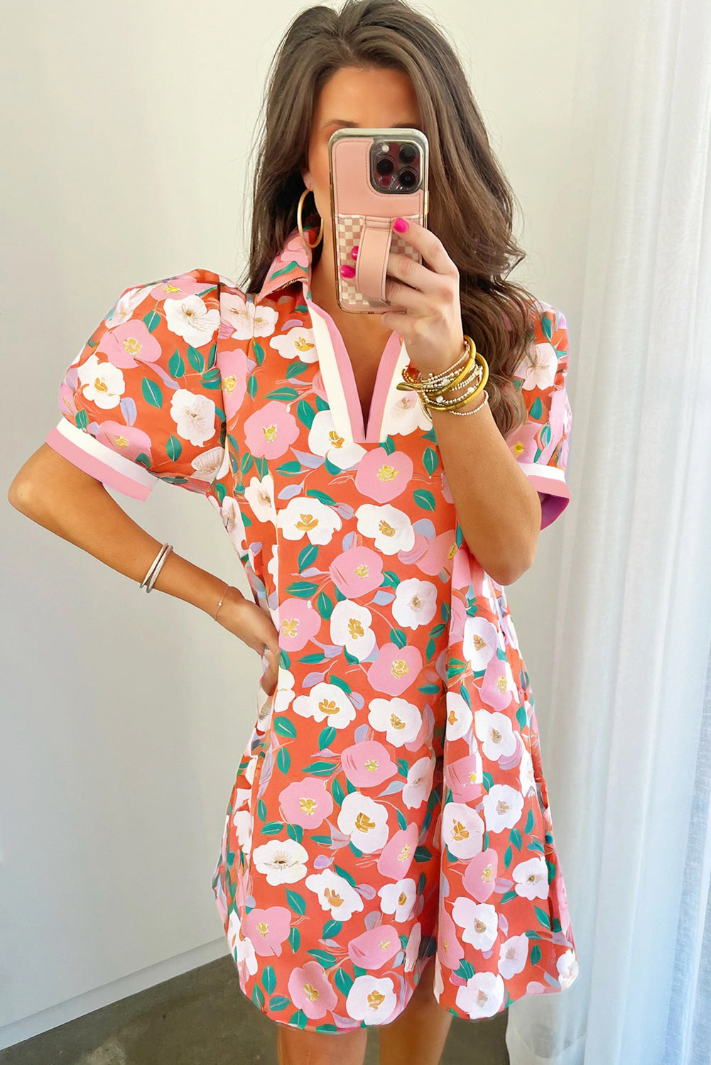 Salmon Floral Print Puff Sleeve Dress with Pop of Color Neckline