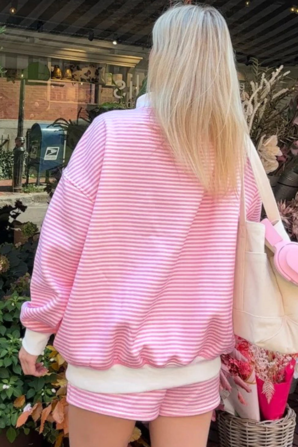 Pink Stripe Oversize Mock Neck Sweatshirt & Shorts Set