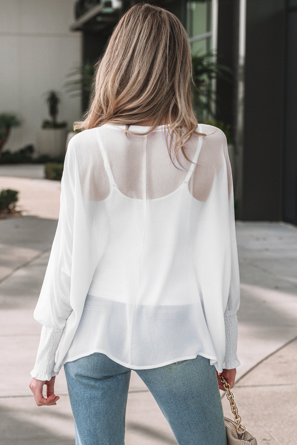 White Dolman Sleeve Blouse with Smocked Cuffs Long Sleeve Top