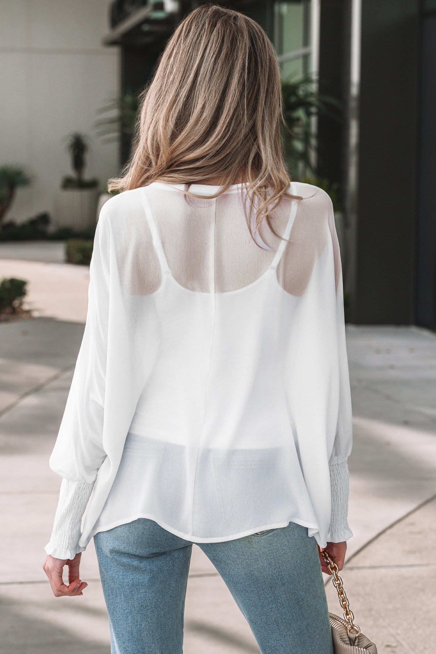 White Dolman Sleeve Blouse with Smocked Cuffs Long Sleeve Top