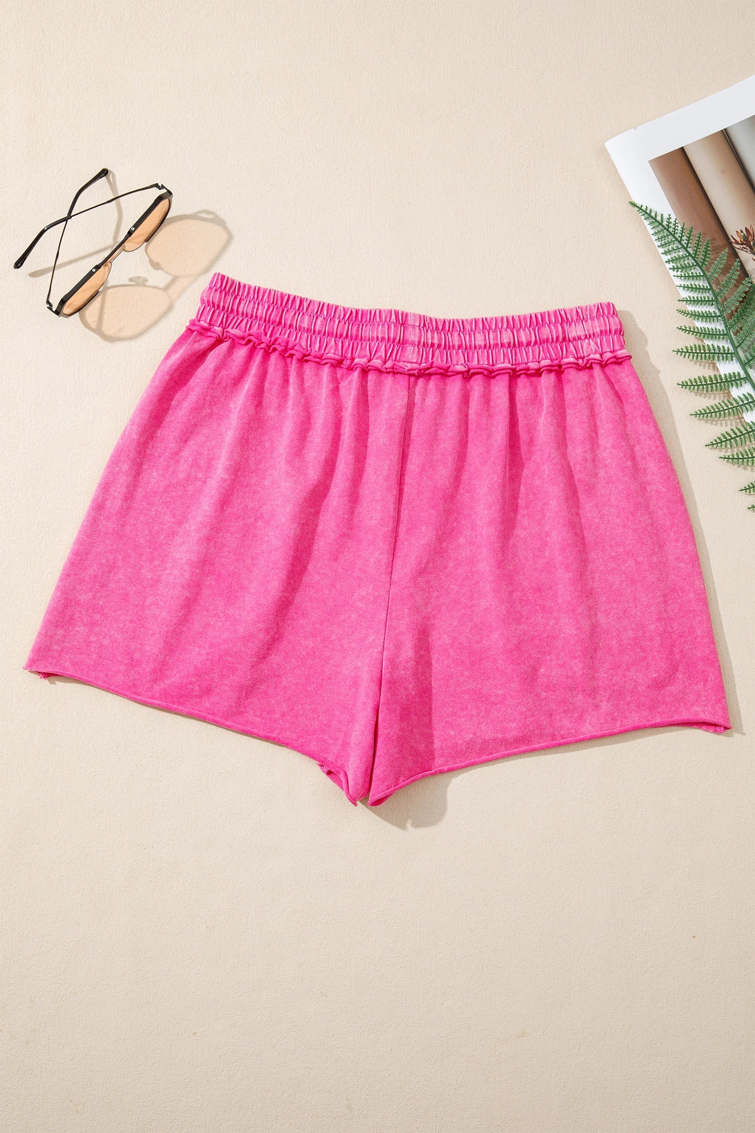 Mineral Wash Drawstring Elastic Waist Raw Cut Shorts