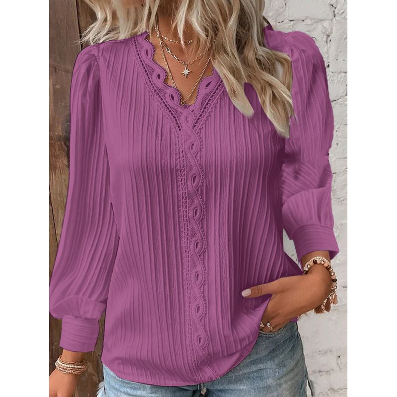 Women White Lace Trim V-Neck Blouse Long Puff Sleeve Shirt