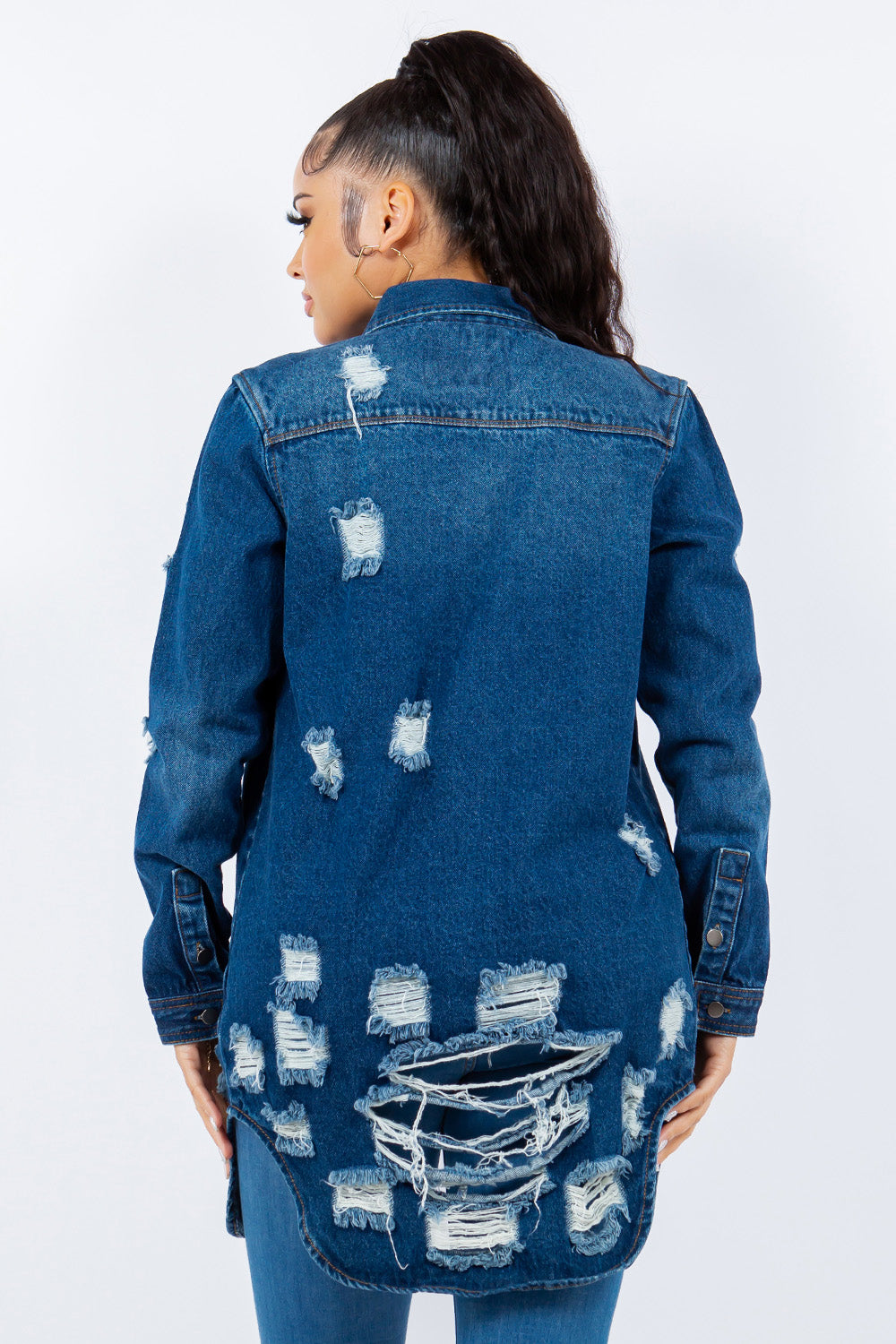 American Dark Blue Bazi Distressed Button Up Long Sleeve Jacket