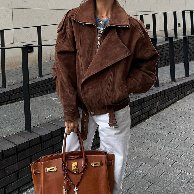 Women's Casual Suede Zip Up Jacket Fall Outerwear - Image 8
