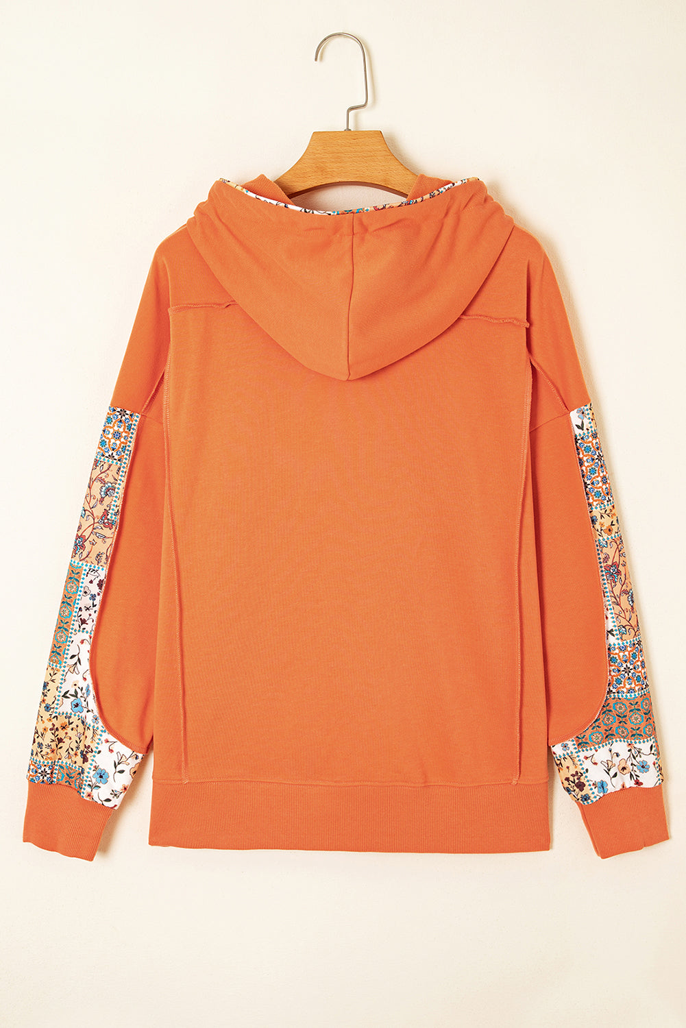 Women's Floral Patchwork Side Slit Drawstring Hoodie, Boho Knit Top