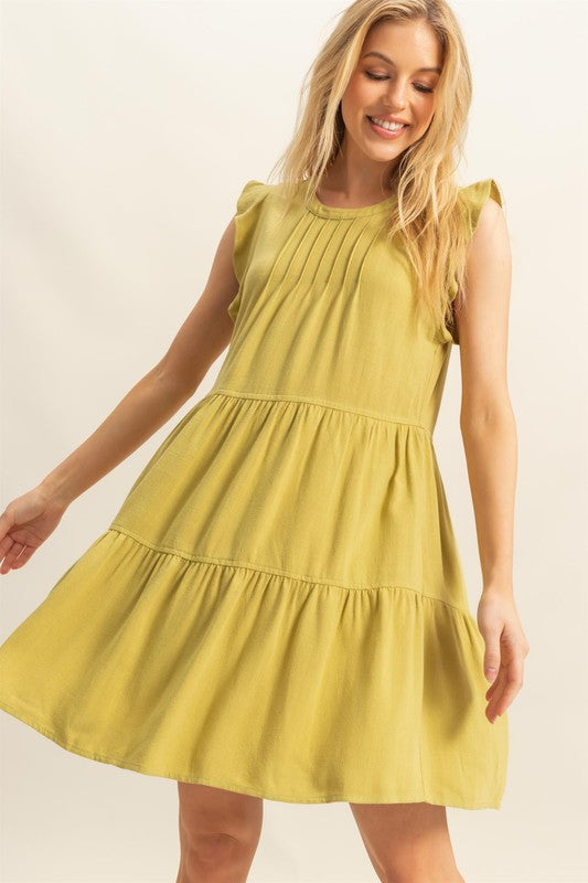 Olive Green Round Neck Tiered Dress with Ruffle Sleeves
