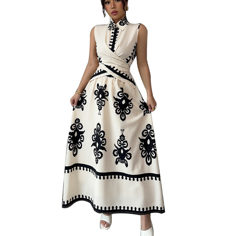 Sleeveless Floral Blouse and Lace-Up Mid-Length Skirt Set