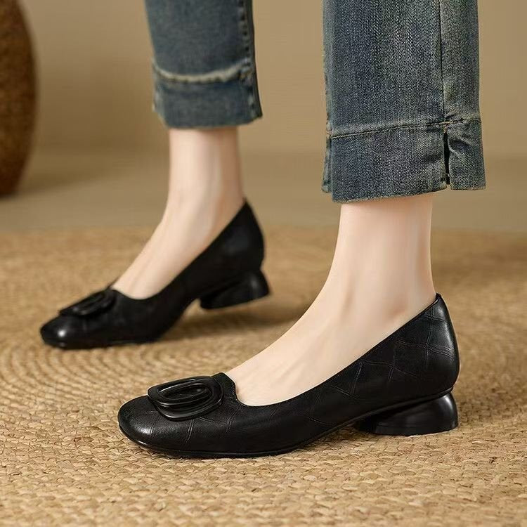Women's Dark Brown Round Toe Slip-On Flats with Chunky Heel - Image 6