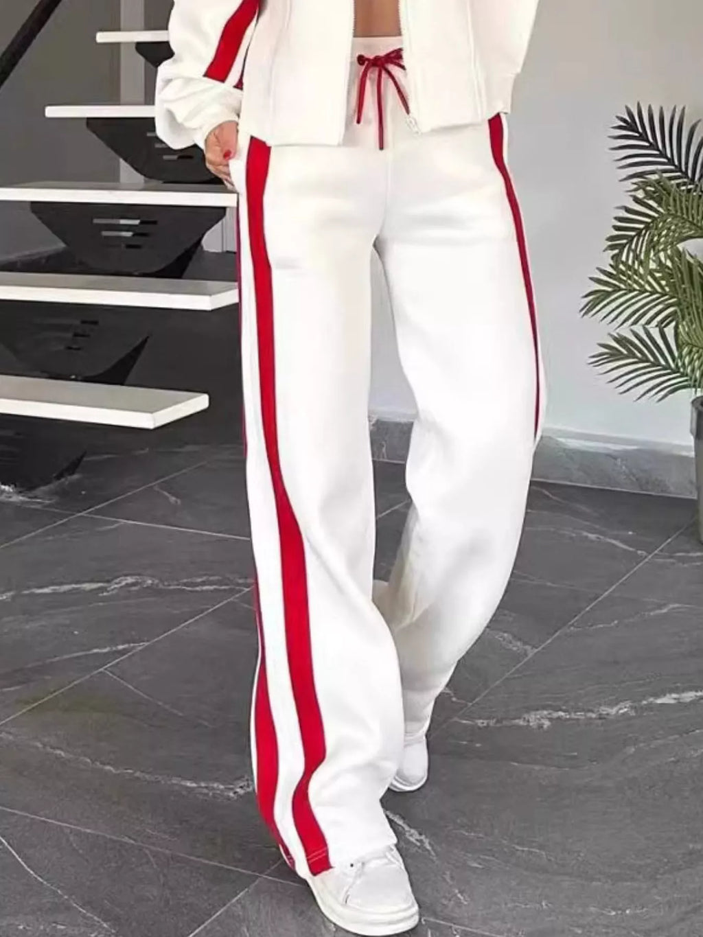 Full Size Contrast Stripe Zip Up Jacket and Pants Set Plus Size