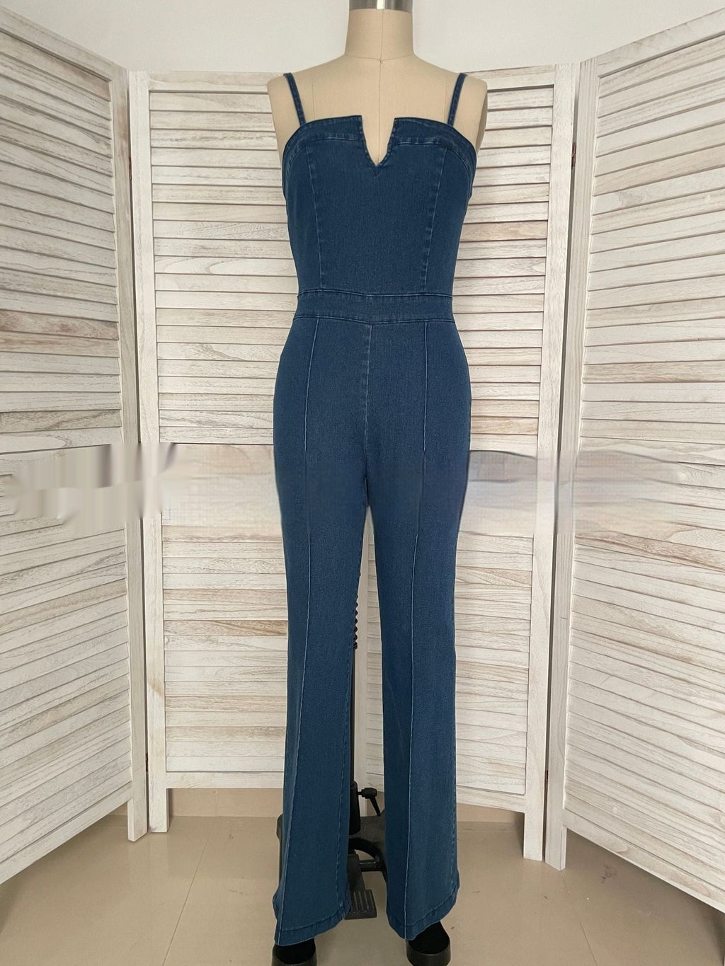 Women's Sleeveless Denim Jumpsuit V-Neck High Waist Wide Leg