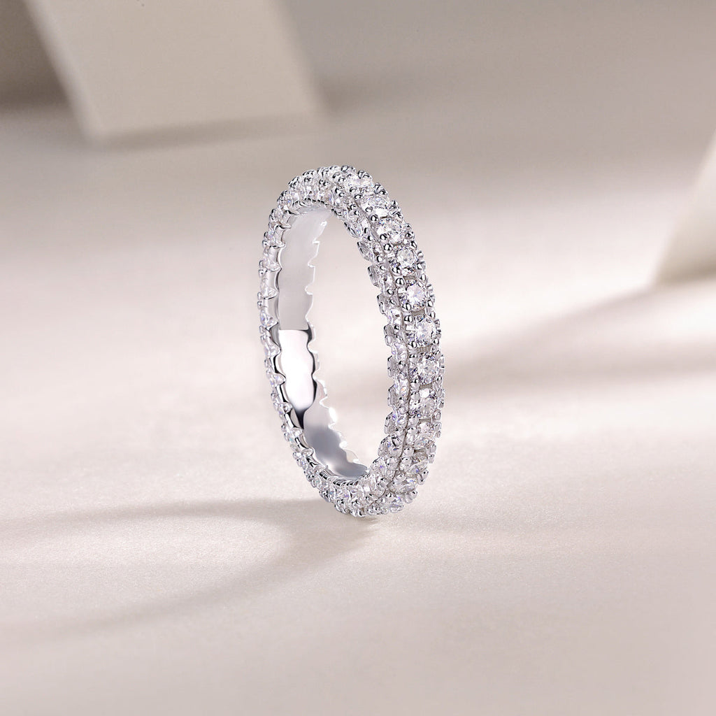 S925 Silver 2.2g Platinum Plated Moissanite Ring, 3.4mm 87pcs D VVS1 Pave Band, GRA Certified US 5-9
