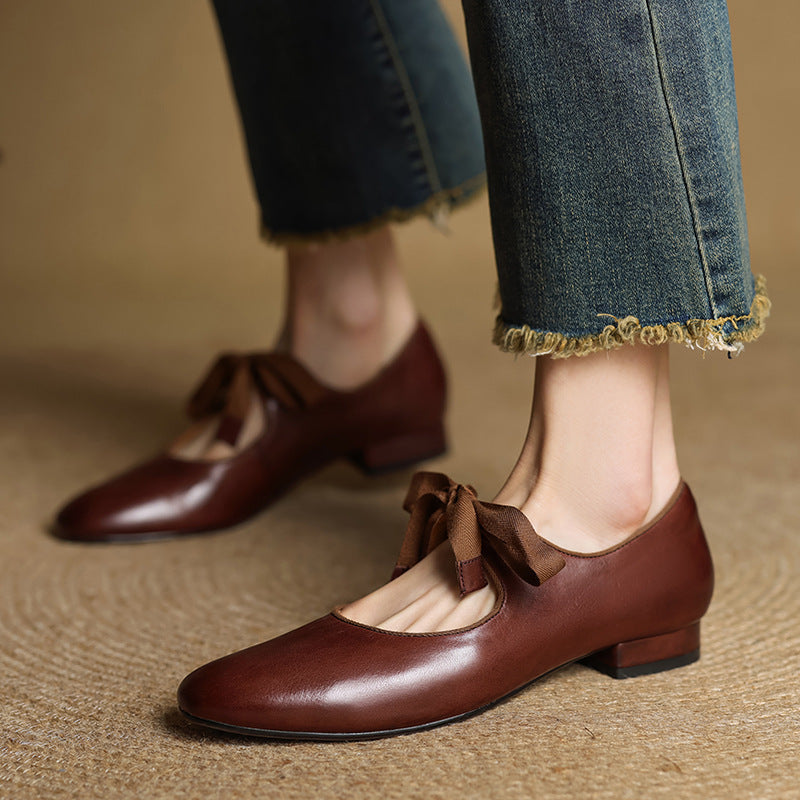 Vintage Style Genuine Leather Ribbon Tie Ballet Flats Shoes - Image 5